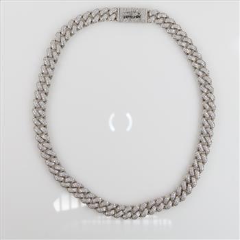 14.32ctTW Diamond Sterling Silver Curb Link Necklace-Evaluated By Our Certified Gemologist-AGS/GIA