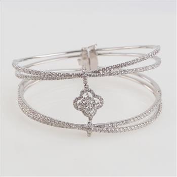 1.44ctTW Diamond 14kt White Gold Double Banded Hinged Bangle-Evaluated By Certified Gemologist/GIA