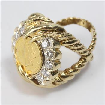 14k Gold 1.20ct TW Diamond And Liberty Head Gold Coin Ring - Evaluated By Independent Specialist