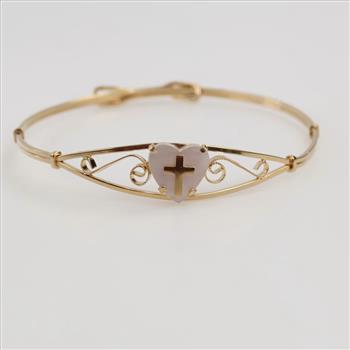 14kt GF Iridescent Stone Religious Heart Bangle Bracelet