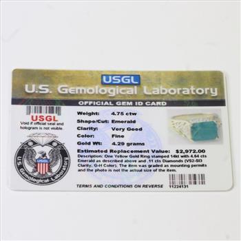 14kt Gold 4g Emerald And Diamond Ring With Official USGL ID Card