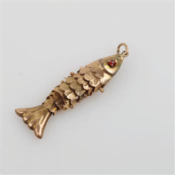14kt Gold Articulated Fish Pendant, Red Stone Eyes