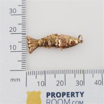 14kt Gold Articulated Fish Pendant, Red Stone Eyes