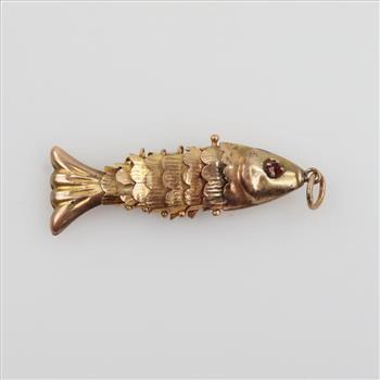 14kt Gold Articulated Fish Pendant, Red Stone Eyes
