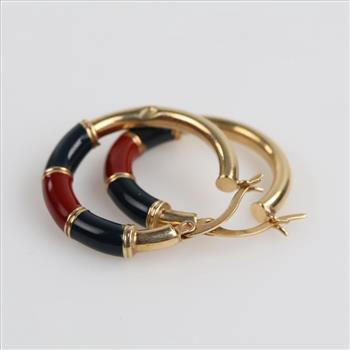 14kt Gold Black & Red Hollow Hoop Earrings