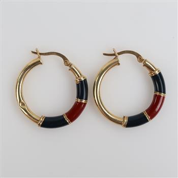 14kt Gold Black & Red Hollow Hoop Earrings