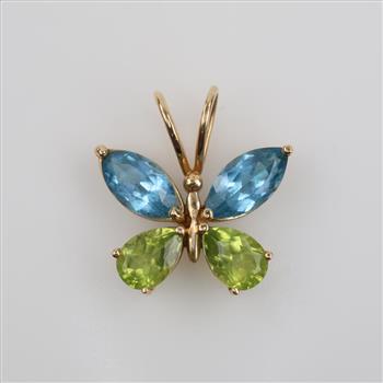 14kt Gold Blue & Green Stone Butterfly Pendant