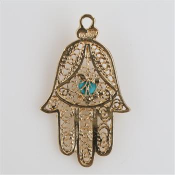 14kt Gold Blue Stone Hamsa Pendant