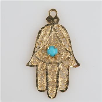 14kt Gold Blue Stone Hamsa Pendant