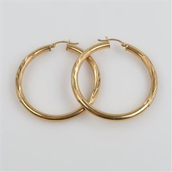 14kt Gold Carved Hollow Hoop Earrings