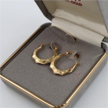 14kt Gold Carved Hollow Hoop Earrings