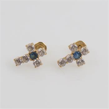 14kt Gold Clear & Blue Stone Cross Stud Earrings