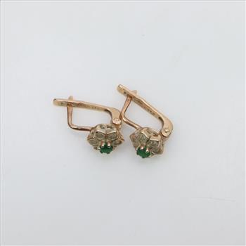 14kt Gold Clear Green Stone English Lock Earrings