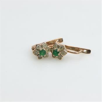 14kt Gold Clear Green Stone English Lock Earrings