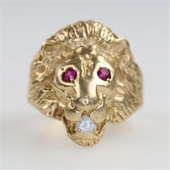 14kt Gold Clear & Pink Stone Lion Head Ring