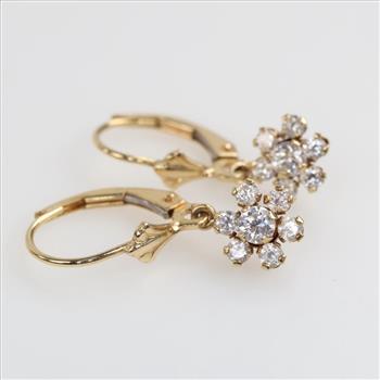 14kt Gold Clear Stone Flower Dangle Earrings