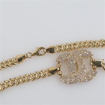 14kt Gold Clear Stone Hollow Link Pendant Bracelet