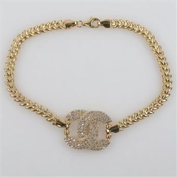 14kt Gold Clear Stone Hollow Link Pendant Bracelet