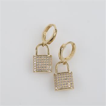 14kt Gold Clear Stone Padlock Dangle Earrings