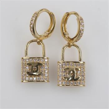 14kt Gold Clear Stone Padlock Dangle Earrings