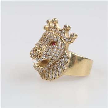 14kt Gold Clear Stone Pink Stone Accent Lion Ring