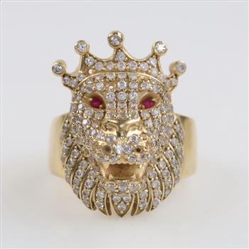 14kt Gold Clear Stone Pink Stone Accent Lion Ring