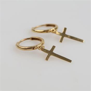 14kt Gold Cross Dangle Huggie Hoop Earrings