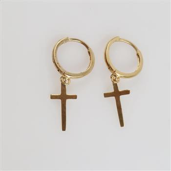 14kt Gold Cross Dangle Huggie Hoop Earrings