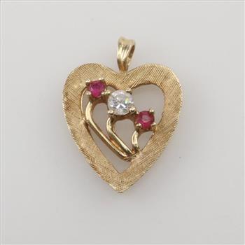 14kt Gold Cubic Zirconia And Ruby Heart Pendant