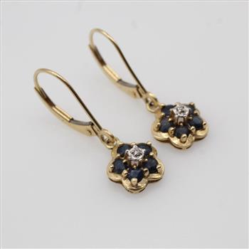 14kt Gold Diamond And Blue Stone Flower Earrings