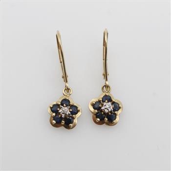 14kt Gold Diamond And Blue Stone Flower Earrings