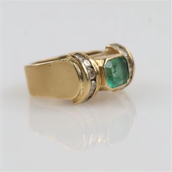 14kt Gold Diamond And Green Stone Ring, Evaluated By Our Certified Gemologist-AGS/GIA
