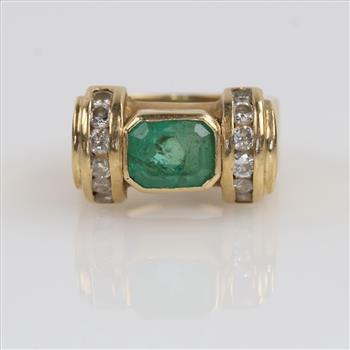 14kt Gold Diamond And Green Stone Ring, Evaluated By Our Certified Gemologist-AGS/GIA