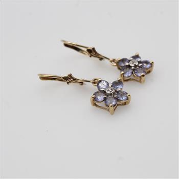 14kt Gold Diamond And Purple Stone Flower Earrings