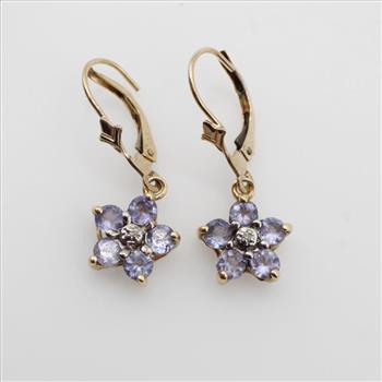 14kt Gold Diamond And Purple Stone Flower Earrings