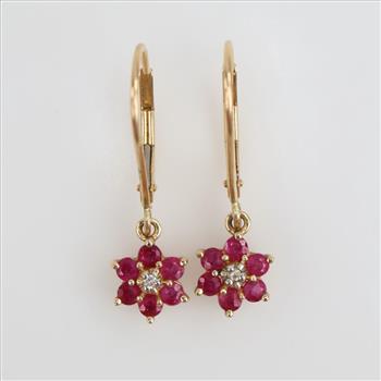 14kt Gold Diamond And Red Stone Earrings