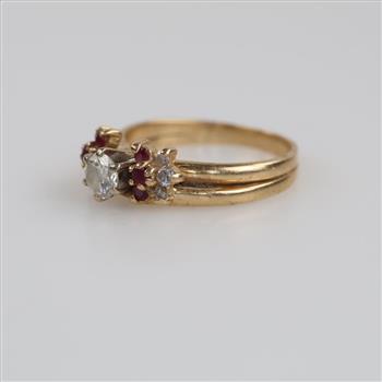 14kt Gold Diamond And Red Stone Wedding Set