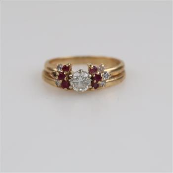 14kt Gold Diamond And Red Stone Wedding Set