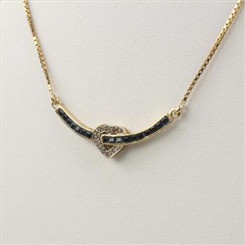14kt Gold Diamond Heart And Blue Stone Necklace