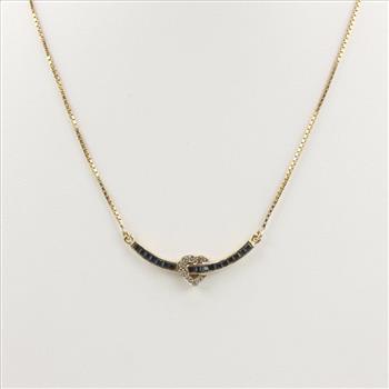 14kt Gold Diamond Heart And Blue Stone Necklace