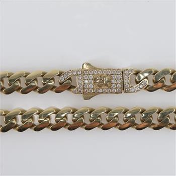 14kt Gold Diamond Hollow Cuban Chain Necklace-Evaluated by Certified Gemologist-AGS/GIA