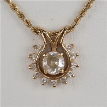 14kt Gold Diamond Pendant On 10kt Gold Rope Necklace