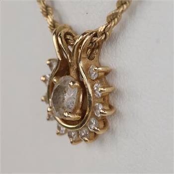 14kt Gold Diamond Pendant On 10kt Gold Rope Necklace