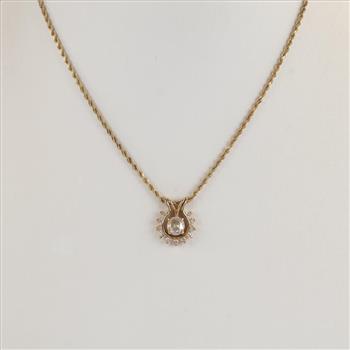 14kt Gold Diamond Pendant On 10kt Gold Rope Necklace