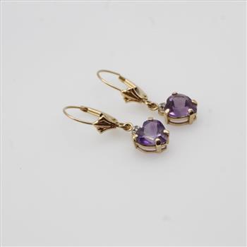 14kt Gold Diamond Purple Heart Dangle Earrings