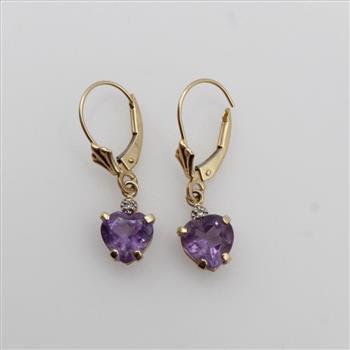14kt Gold Diamond Purple Heart Dangle Earrings