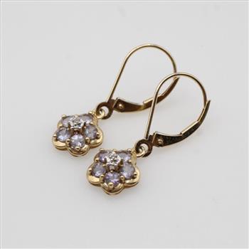 14kt Gold Diamond Purple Stone Flower Earrings