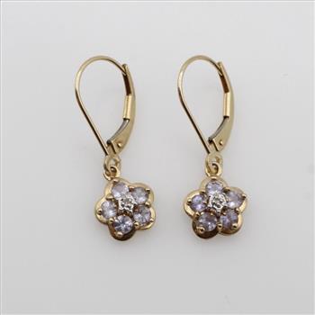 14kt Gold Diamond Purple Stone Flower Earrings