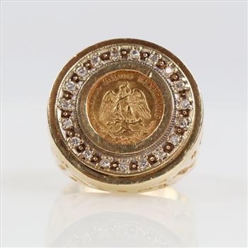 14kt Gold Diamond  Ring With Mexican Fine Gold Coin -Evaluated By Our Certified Gemologist-AGS/GIA