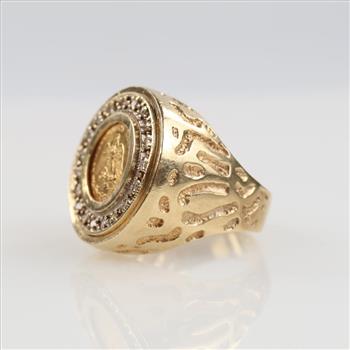 14kt Gold Diamond  Ring With Mexican Fine Gold Coin -Evaluated By Our Certified Gemologist-AGS/GIA
